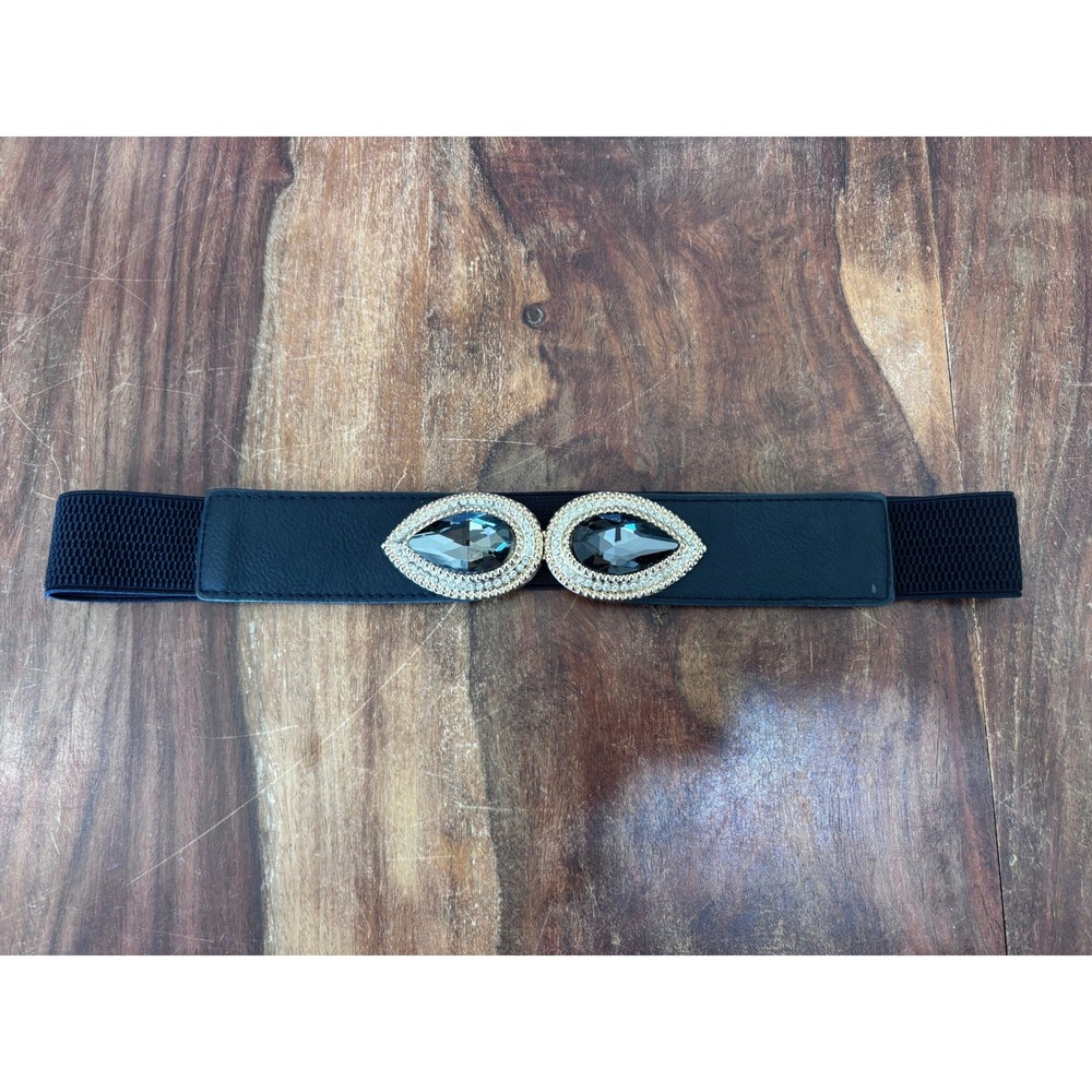Bejewelled waist belt women S/M black elastic teardrop crystal buckle glam cinch